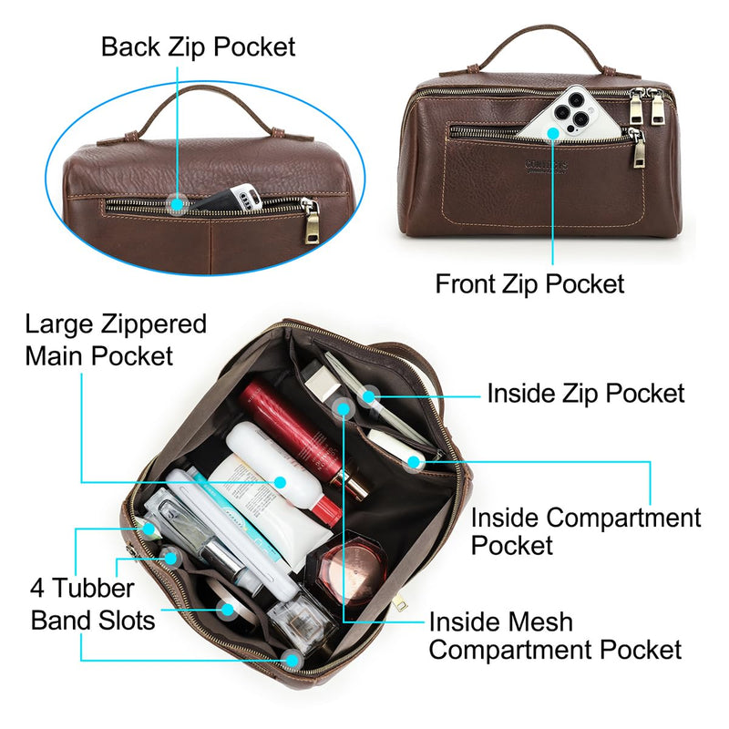 CONTACTS Full Grain Leather Travel Toiletry Bag for Men Large Wash Bag with Handle Bathroom Shaving Dopp Kit Toiletries Organizer Vintage Cosmetic Bag Red Brown