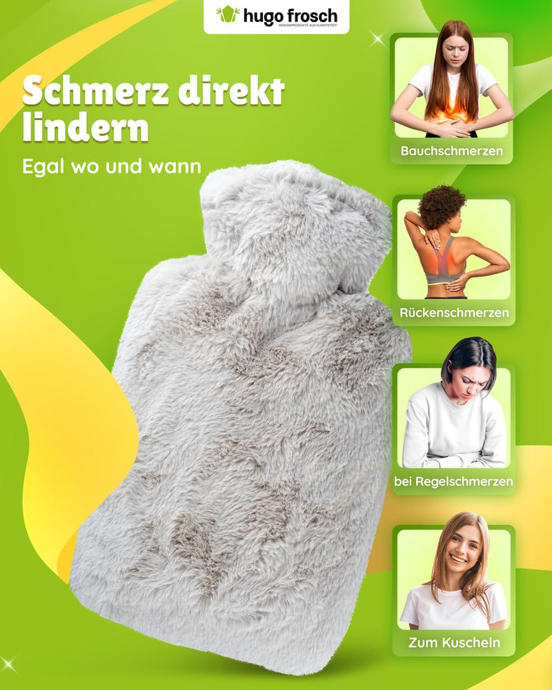 [Australia] - Hugo Frosch hot water bottle classic 1.8 l with long-hair fleece taupe cover 
