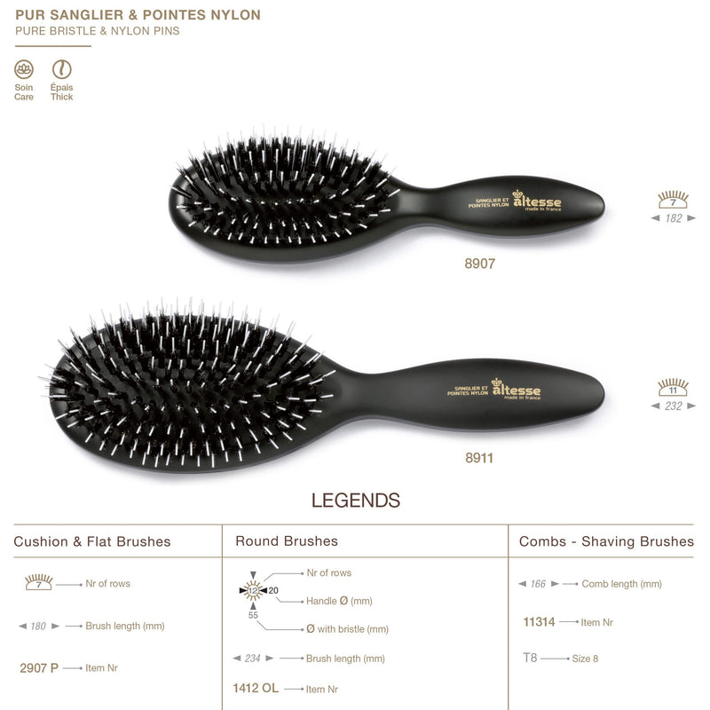 Altesse 8907 Natural Bristle Hair Brush Detangler Brush Medium Air Cushion Matte Black Handle with 7 Rows of Black Boar Bristle and Nylon Hairbrush for Thick Hair Styling and Detangling Made in France Black Bristle/Nylon