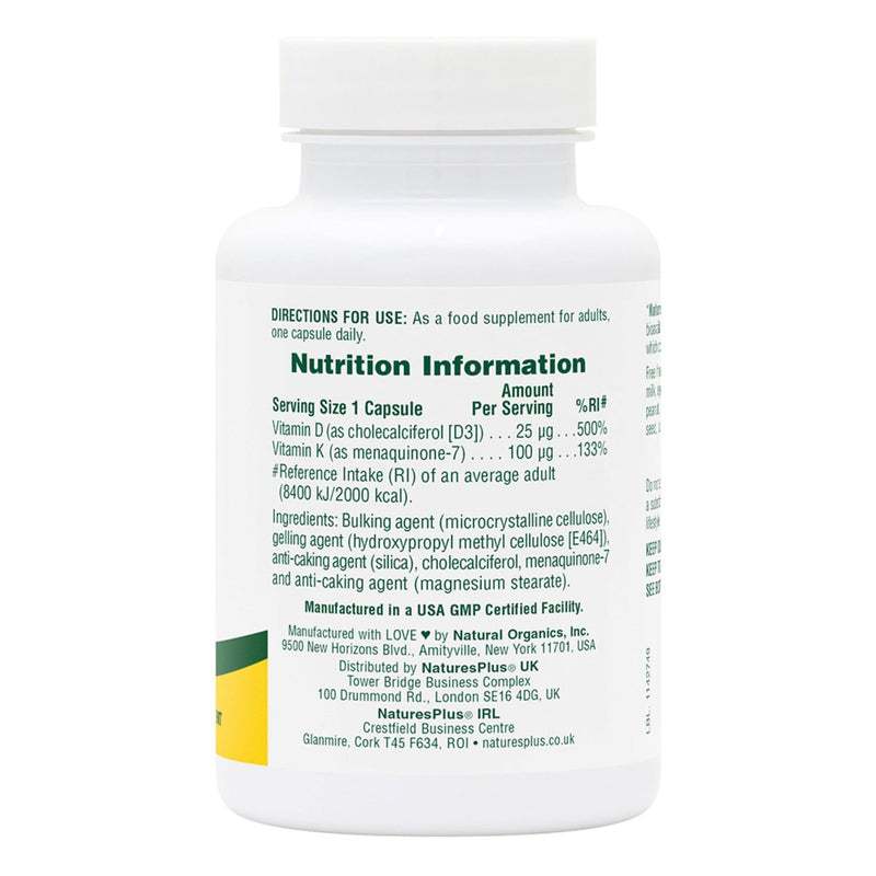 NaturesPlus Vitamin D3 Vitamin K2-1000 IU Vitamin D Supplement with 100 mcg Vitamin K – Bones and Immune System Support - Gluten Free, Vegetarian - 90 Capsules