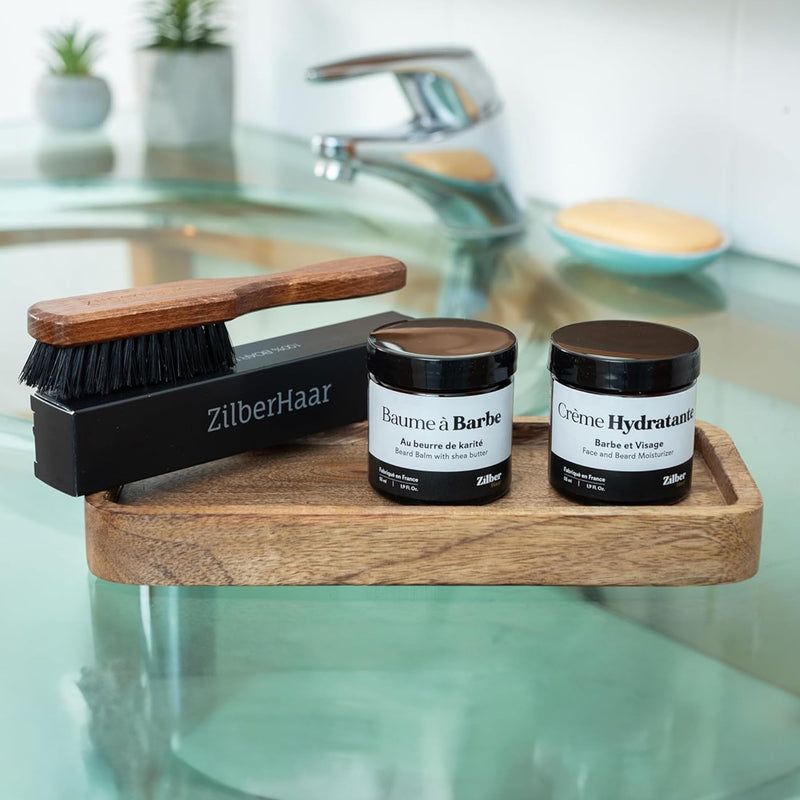 [Australia] - ZilberHaar - Beard care set for men - 1 regular beard brush + 1 beard balm + 1 moisturizer - hard boar bristles - velvet bag 