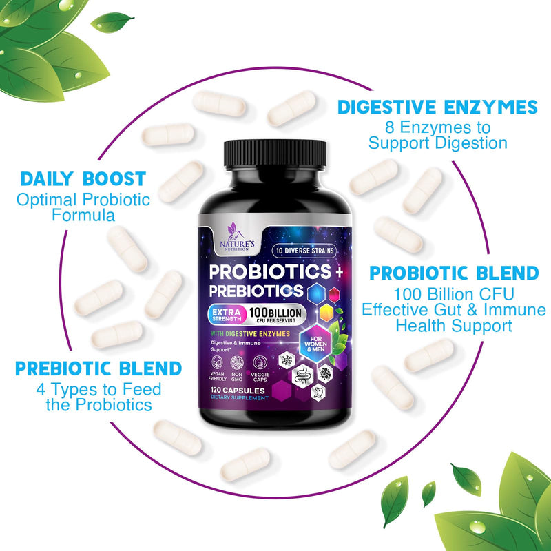 Probiotics 100 Billion CFU Per Serving - 10 Premium Strains + Prebiotics - Best Probiotic Supplement for Women & Men - Supports Immune, Digestive Health, Occasional Constipation & Gas - 120 Capsules 120 Count (Pack of 1)