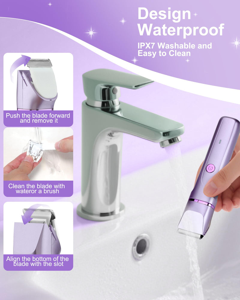 Bikini Trimmer for Women,Electric Razors for Women,Cordless Body Shaver for Trip, Body Groomer for Face, Legs,Bikini Line,Foil, IPX7 Waterproof&Easy Cleaning, Ceramic Blade, USB Charge Dock,Purple