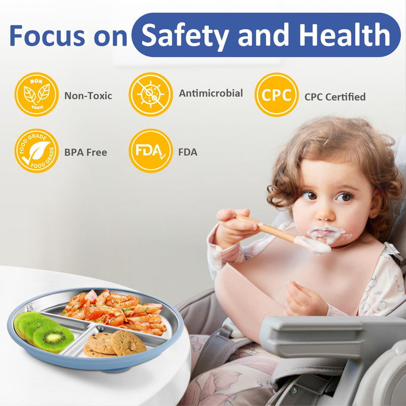 [Australia] - Stainless Steel Toddler Plate with Suction, 9‚Äù Divided Plates with Removable Silicone Sleeves for Kids, Non Toxic & BPA Free | Non Slip | Unbreakable Baby Snack Dishes Set of 2, Blue & Gray Suction- Blue & Gray 9" Round - 2 Packs 