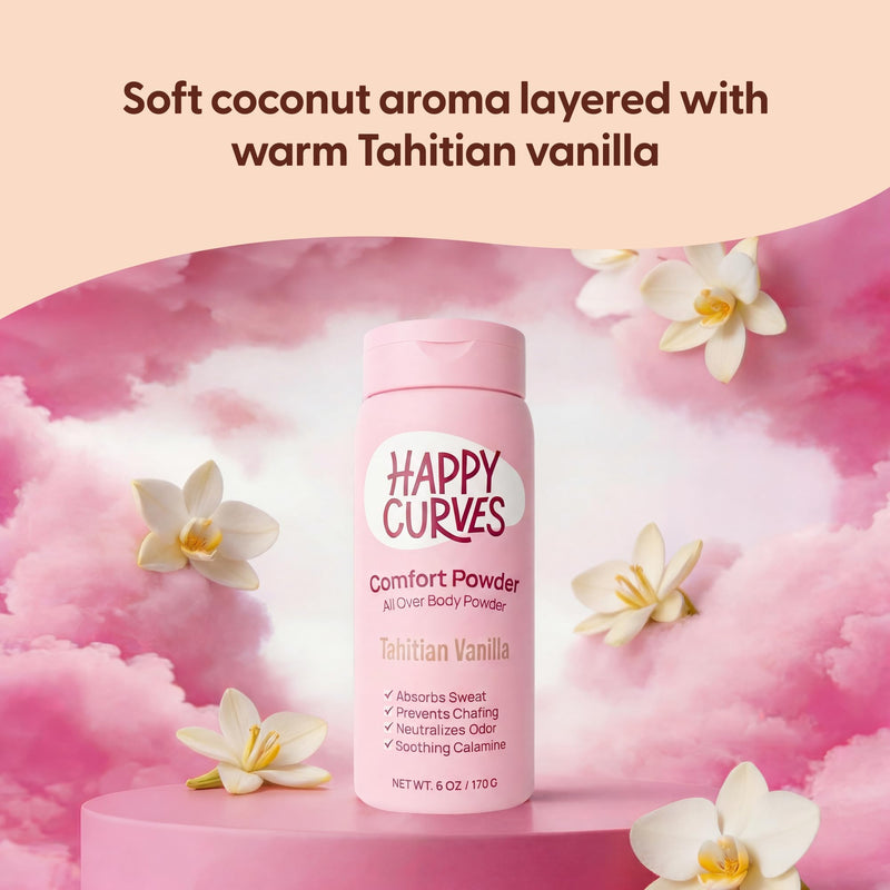 HAPPY CURVES Comfort Powder: Talc Free Anti Chafe Body & Foot Dusting Powder Deodorant to Control Inner Thigh Chafing, and Private Areas 6oz (Pack of 1) - Tahitian Vanilla 6 Ounce (Pack of 1)
