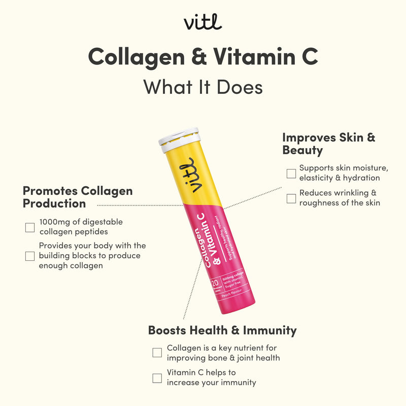Vitl Collagen & Vitamin C Effervescent Tablets | Nutritional Support for Skin, Hair, Nails & Joints | Collagen Supplements for Women | Peach Flavour (20 Tablets)