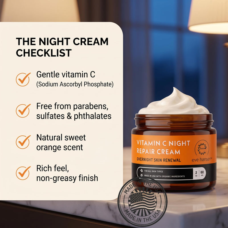Eve Hansen Vitamin C Night Cream for Face & Neck, Brightening Night Repair Moisturizer for Mature, Dry Skin, Reduces the Look of Fine Lines & Wrinkles, Non-Greasy, Made in USA, 2 oz