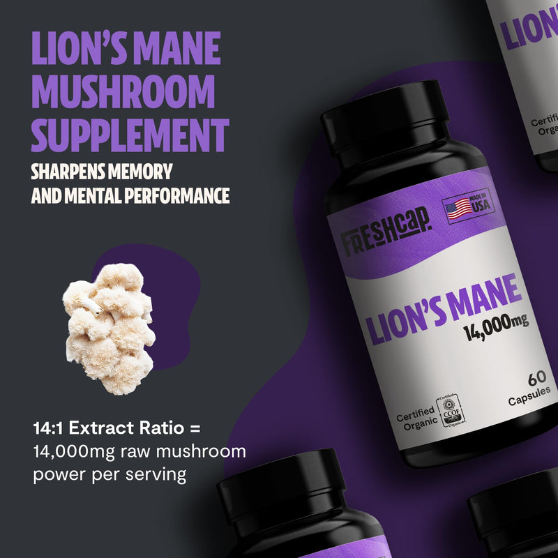 FreshCap Mushrooms Premium Organic Lions Mane Capsules - 14:1 Fruiting Body Extract with 31% Beta-Glucans - 3rd-Party Tested Nootropic for Clarity, Focus & Cognitive Support (180 Capsules) 180 Count Lion's Mane