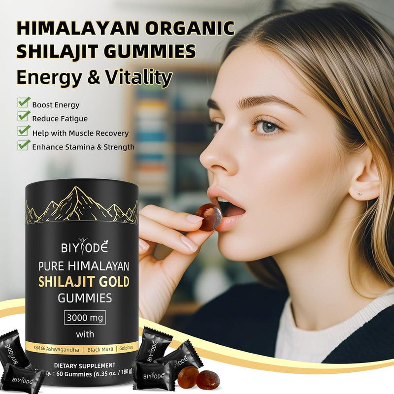 Shilajit Gummies - Pure Himalayan Shilajit Gummies Gold, Fulvic Acid & 85+ Trace Minerals I - Vegan, Non-GMO,Individually Wrapped for Travel - 60 Gummies