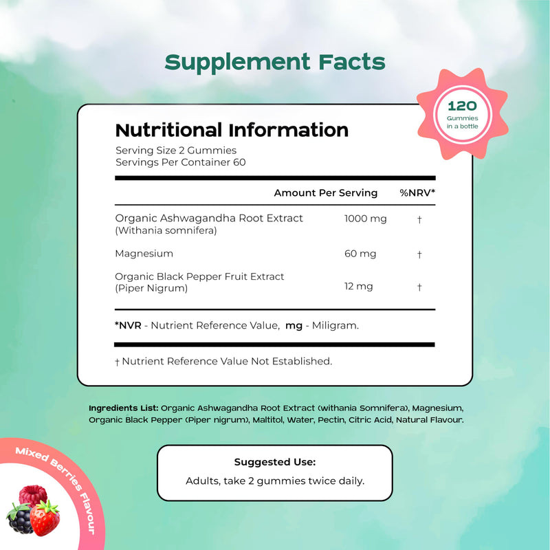 Ashwagandha Gummies 1000mg with Magnesium - 120 Vegan Mixed Berry Gummies - Adaptogen and Tiredness Support - 2 Month Supply