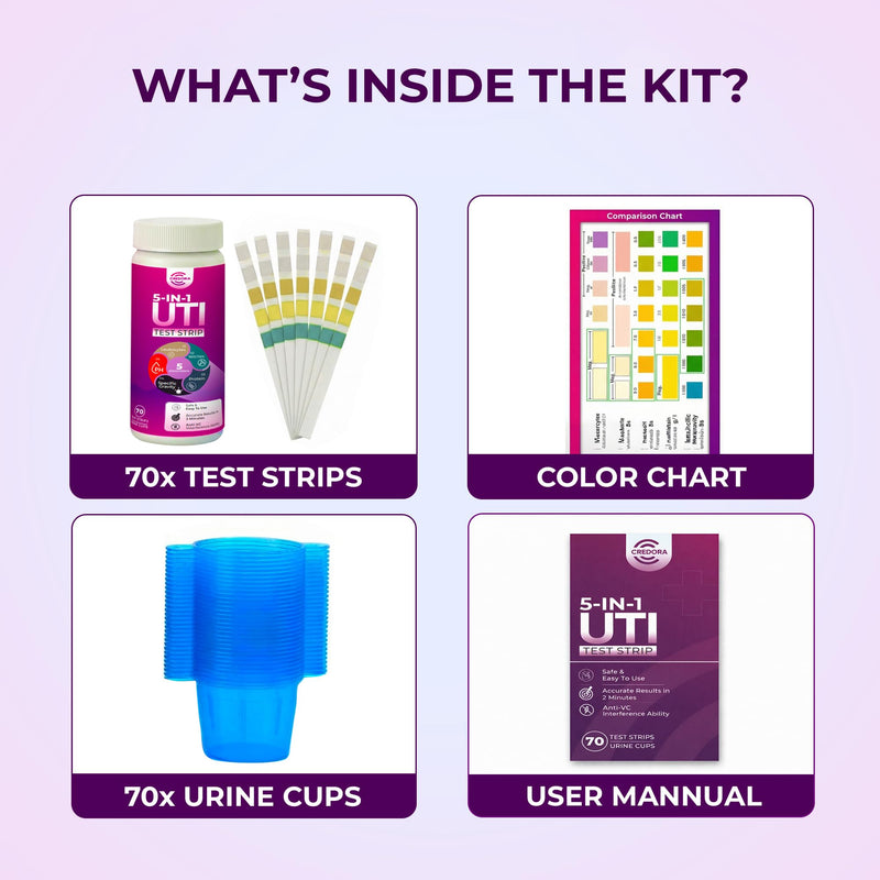At-Home 5-in-1 UTI Test Strips for Women (70 Strips) Accurate 5-Parameters Leukocytes, Nitrite, pH, Protein and SG Reading, Advanced and Easy at-Home UTI Testing