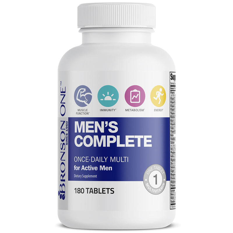Bronson ONE Daily Men's Complete Multivitamin Multimineral, 180 Tablets | Once-Daily, Targeted Nutrition For Active Men, Wellness, Vitality, Energy & Endurance Support with Lycopene & Boron 180 Count (Pack of 1) Men's Vitamin