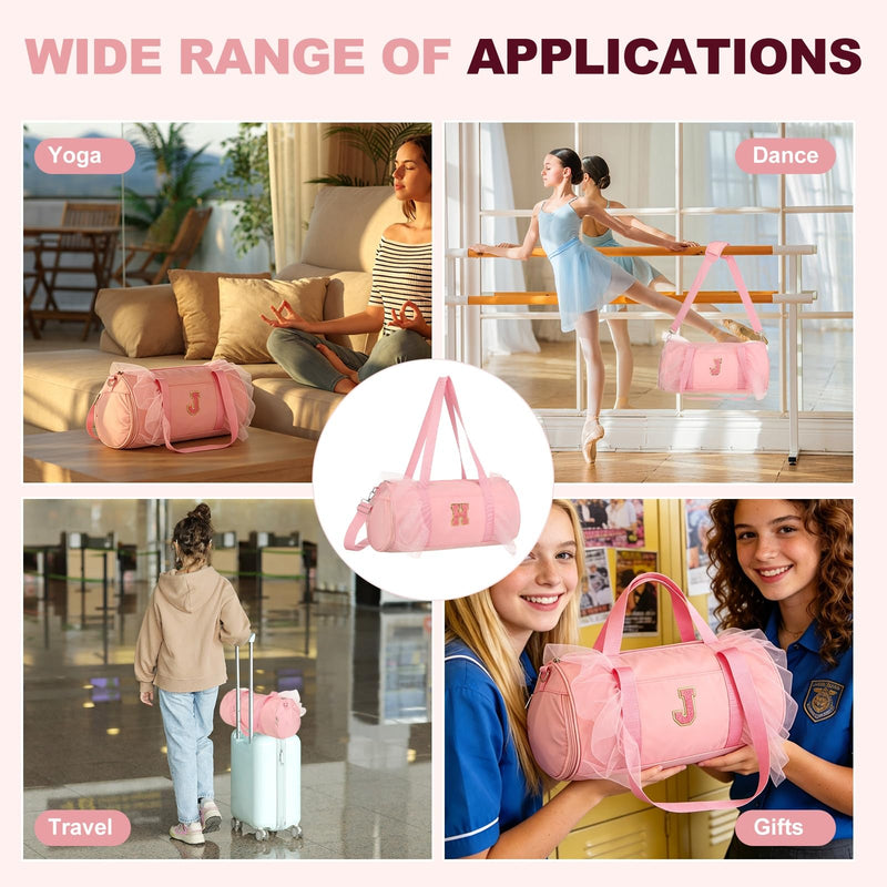 Dance Bag, Personalized Initial Letter Lace Yoga Bag with Adjustable Strap & Shoes Compartment, Small Cute Ballet Travel Duffel Tote Pink & H-Fitting(Ballet/Yoga/Travel Duffel) Pink-H