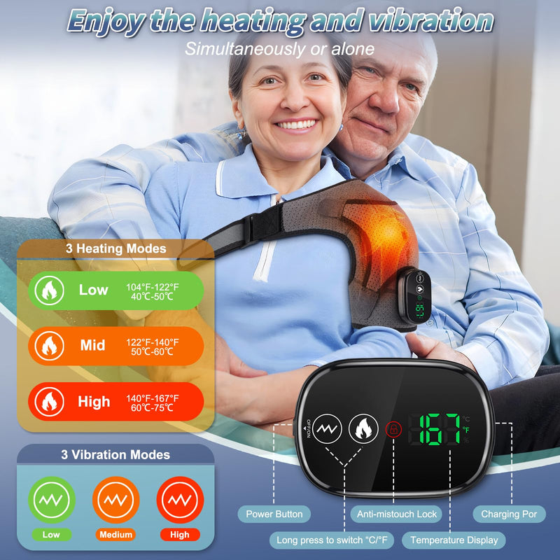 Cordless Heated Shoulder Brace with Vibration, 3 Heat & Massage Settings, Shoulder Heating Pad for Pain Relief, Adjustable Shoulder Warmer for Men and Women(Grey)
