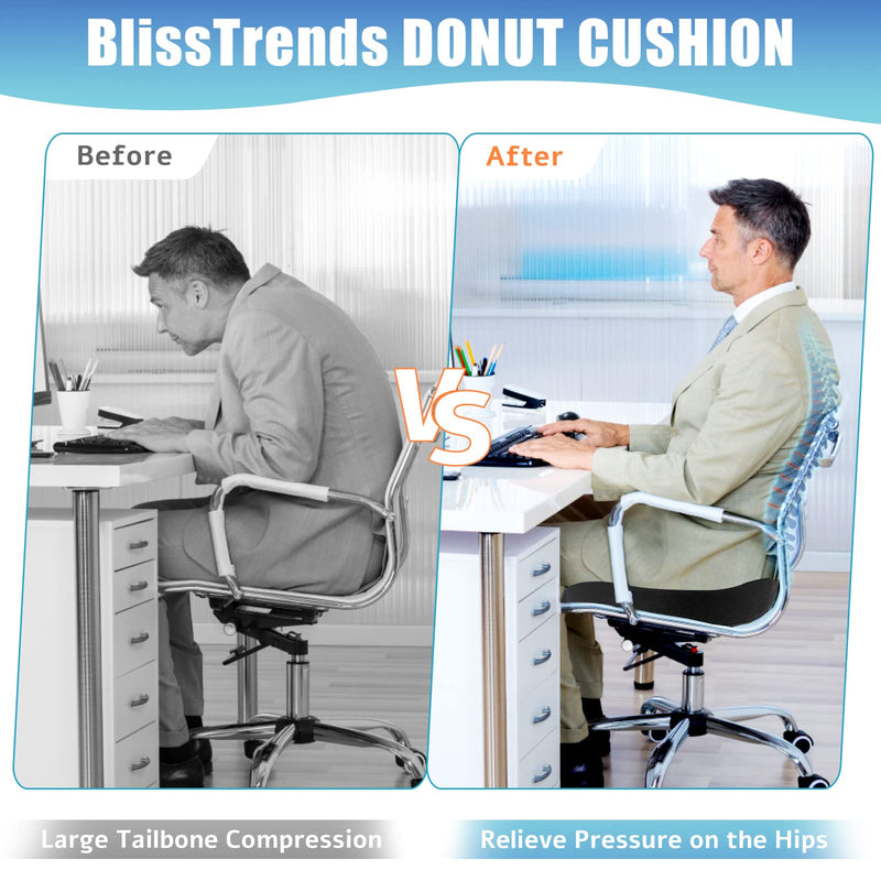 [Australia] - BlissTrends Donut Pillow Seat Cushion,Donut Chair Cushions for Postpartum Pregnancy & Hemorrhoids,Tailbone Pain Relief Cushion,Memory Foam Lifting Cushions for Office&Home Chairs (Black) Black Large 