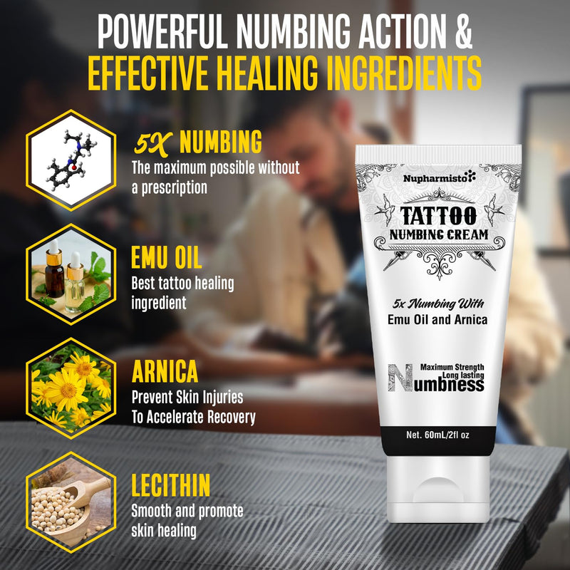 [Australia] - 6 Hours Maximum Strength Numbing Cream Tattoo (2oz/ 60ml), Painless Tattoo Numbing Cream, Numbing Cream for Tattoos Extra Strength with 5x Numbing, Emu Oil and Arnica. 2oz/ 60ml 