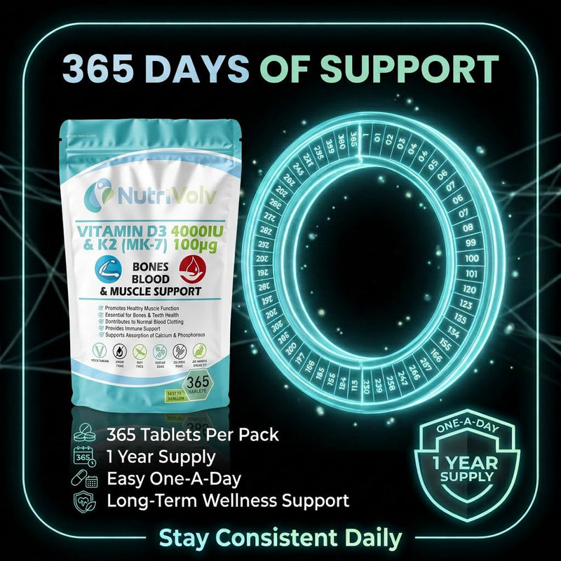 Vitamin D3 4000 iu & Vitamin K2 MK7 100μg | 1 Year Supply | 365 Easy-Swallow Vitamin D3 K2 Tablets | 1-A-Day High Strength Vegetarian D3 and K2 Vitamin Supplements | Vitamin D Tablets | UK Made