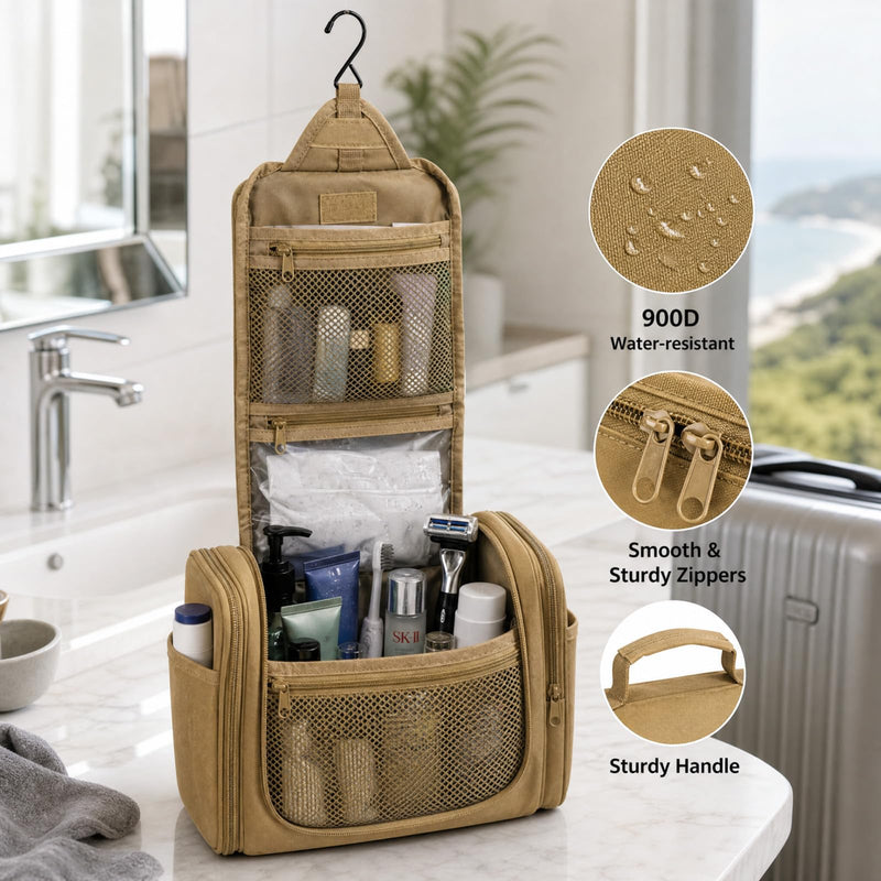 Hanging Toiletry Bag for Men, Mens Travel Toiletry Bag Dopp Kit with Hook | Large Tactical Toiletry Bag,Dry & Wet Pockets,Shower Bag for Toiletries,Travel Hygiene Shaving Bathroom Organizer Bag Khaki