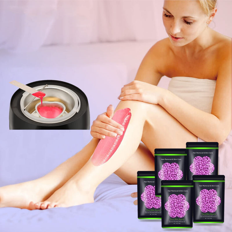 [Australia] - Hard Wax Beads for Hair Removal 1.1 lb (17.6 oz) - Sensitive Skin, Brazilian, Face, Bikini, Legs, Eyebrow - Painless Waxing Kit for Women Men, 5 Packs With 10 Wax Sticks 5 Purple 