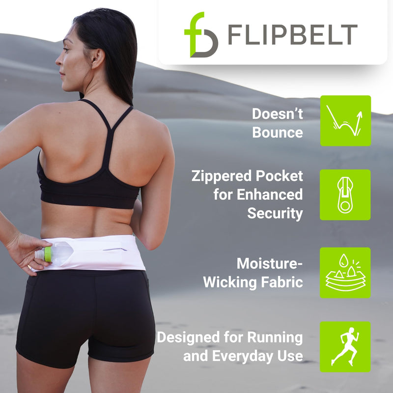 FlipBelt Zipper Running Belt, Waist Pack for Fitness and Running, US Company Medium White