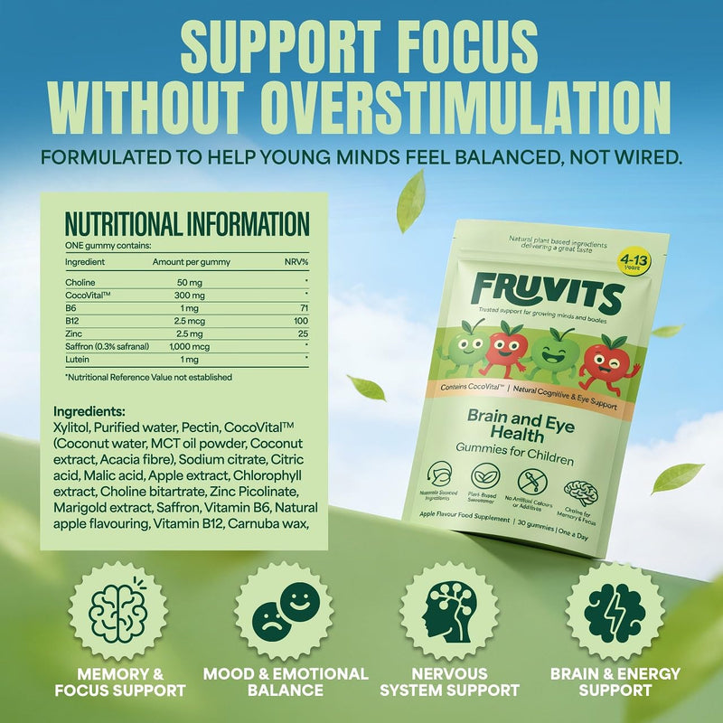 Kids Brain & Eye Health Gummies – 1‑a‑Day, Sugar‑Free, Vegan – Focus, Calm & Vision Support with Choline, Lutein & Saffron – Apple Flavour – 30‑Day Supply, Ages 4–13