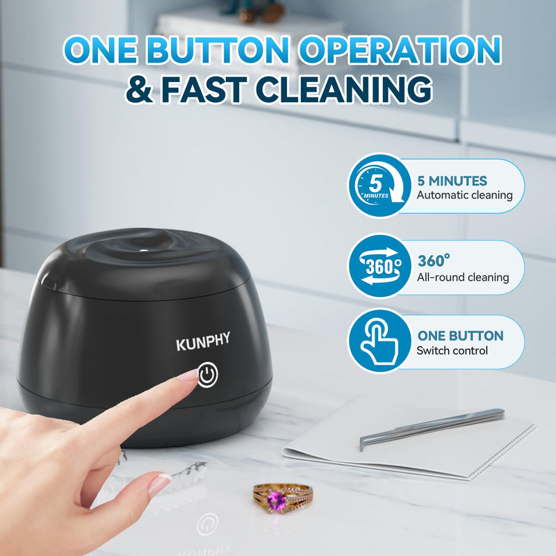 [Australia] - KUNPHY Ultrasonic Retainer Cleaner, 48kHz Denture Cleaner Machine with Cleaning Tablets, Water-Proof Dental Cleaning Pod for Deep Cleaning Night Guard, Mouth Guard, Aligner, Jewelry, Black 
