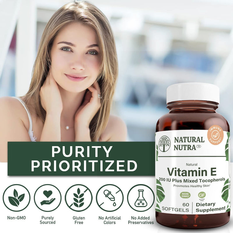 Natural Nutra Vitamin E 200 IU Supplement for Skin, Hair and Nails, Promote Heart Health, Helps Reduce Redness, Helps to Prevent Skin Texture, Promoted Immune System, Gluten Free, 60 Softgels