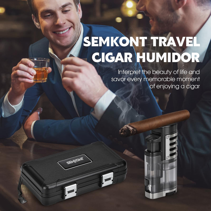 [Australia] - Cigar Humidor, Portable Travel Cigar Box, Double Cigar Humidor with Separate Storage for Cigar Accessories, Cigar Travel Case with Cigar Lighter(No Butane), Holds 5 Cigars (Black) Black 