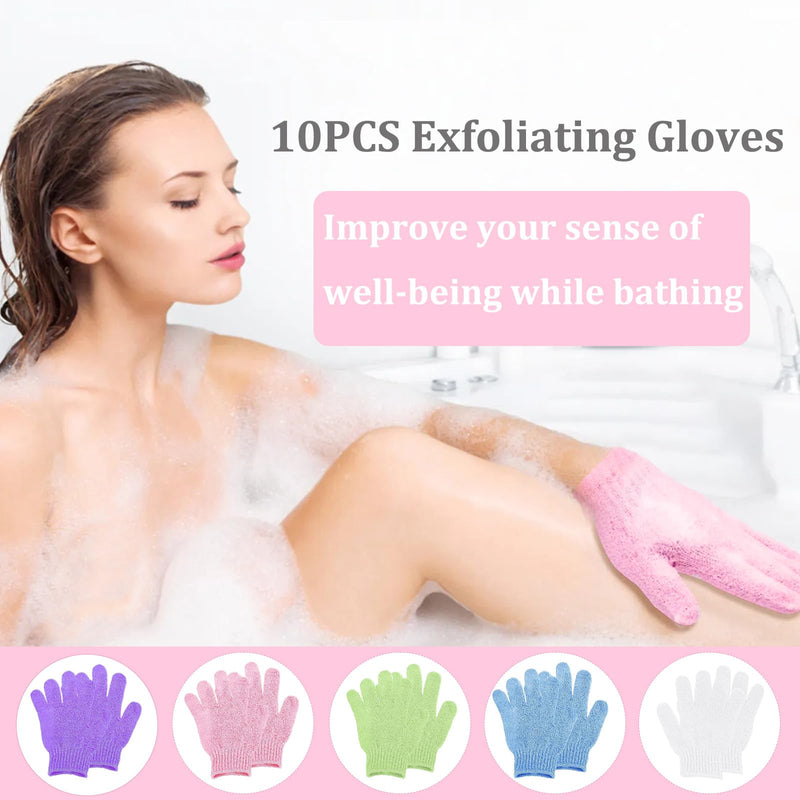 [Australia] - KEYRI Pack of 10 peeling gloves, peeling gloves, exfoliating gloves for body and face, massage glove, peeling washing gloves for women, shower spa massage (white + pink + purple + green + blue) white + pink + purple + green + blue 