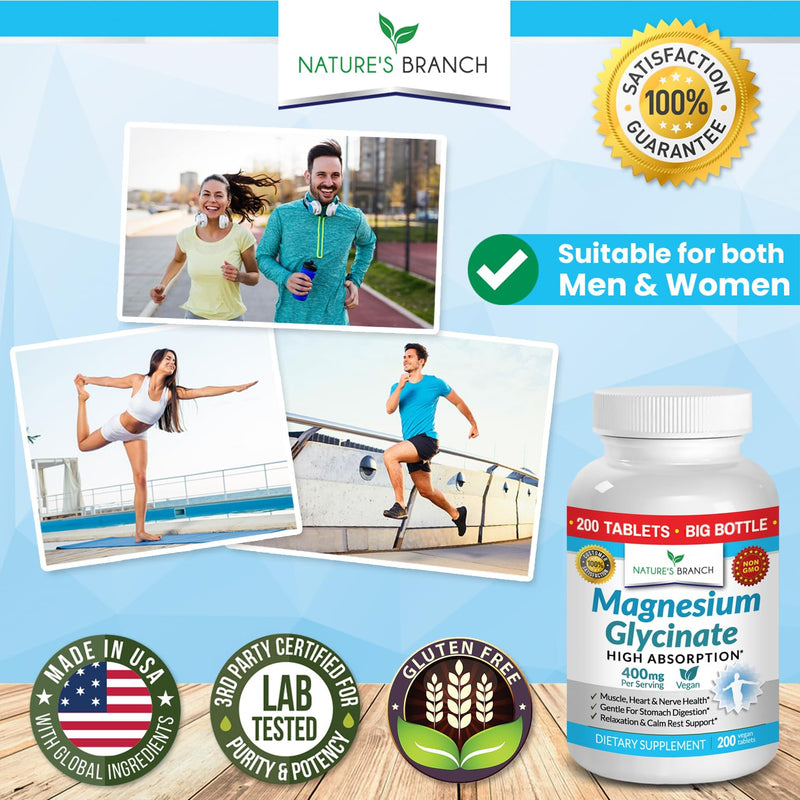 [Australia] - Magnesium Glycinate 400 mg - 200 Tablets - High Absorption, Non Buffered Bisglycinate Mag Supplement for Sleep, Leg Cramps, Heart, Ease Muscles, Calm Headaches for Women and Men, Non Powder Capsules 
