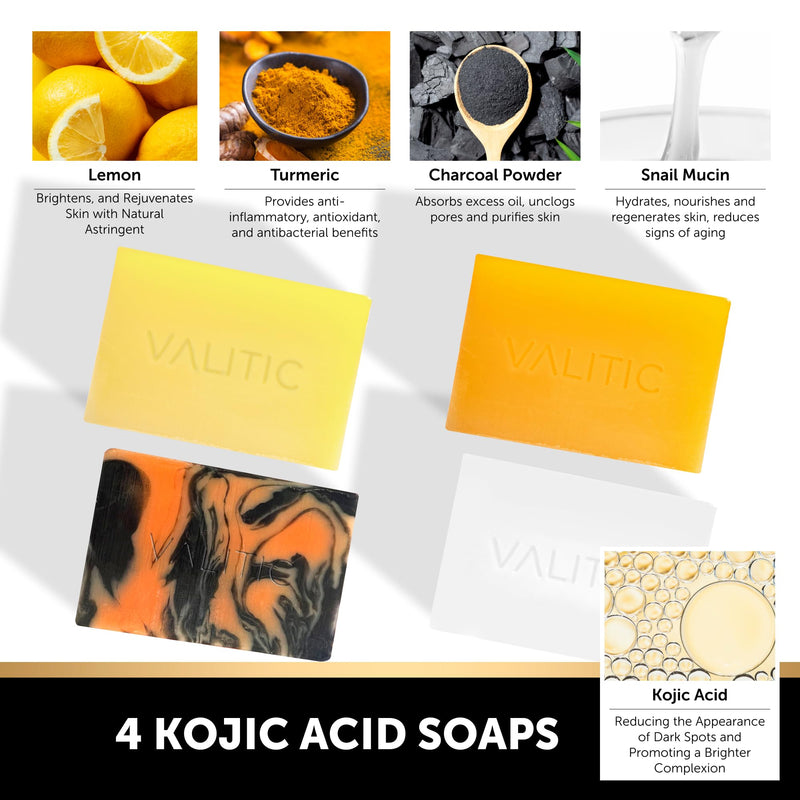 VALITIC Kojic Acid Soap Bars - Turmeric, Snail Mucin, Charcoal and Lemon - Holiday Skin Care Beauty Set Gift 4 Assorted Dark Spot Remover Soaps with Hyaluronic Acid, Vitamin C, Vitamin E, Shea Butter Variety Pack
