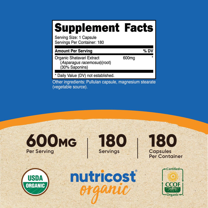 [Australia] - Nutricost Shatavari 600mg, 180 Capsules, 180 Servings - CCOF Certified Made with Organic Shatavari, Non-GMO, Gluten Free, Vegetarian Friendly 