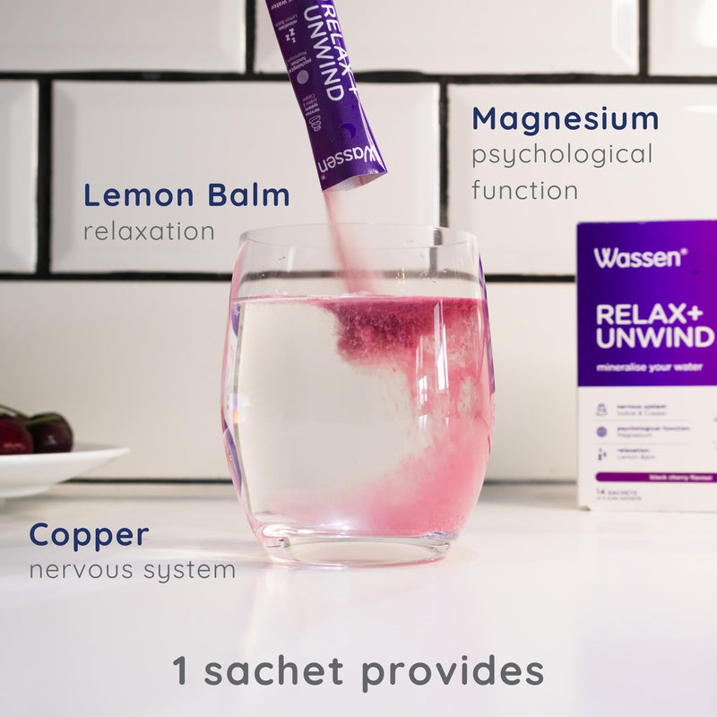 Wassen Relax & Unwind Magnesium Sachets - 14 Sachets | Lemon Balm Supplement to Help Relaxation | Vitamin Powder for Water | Magnesium to Help Psychological Function