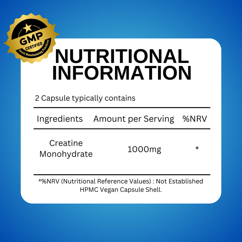 Creatine Monohydrate 1000mg – 60 Vegan Capsules – Muscle Growth, Strength, Endurance, Workout Recovery – Vegan Supplement