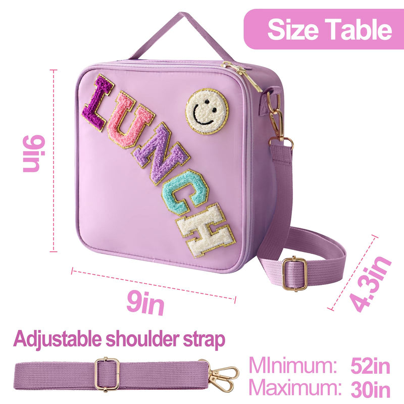 [Australia] - Insulated Lunch Bag With Adjustable Shoulder Strap, Nylon Preppy Lunch Box Large Insulated Lunch Bag Reusable Lunch Tote Bag with Smiley Preppy LunchBag for Girls School Travel Picnic (Purple) Purple 