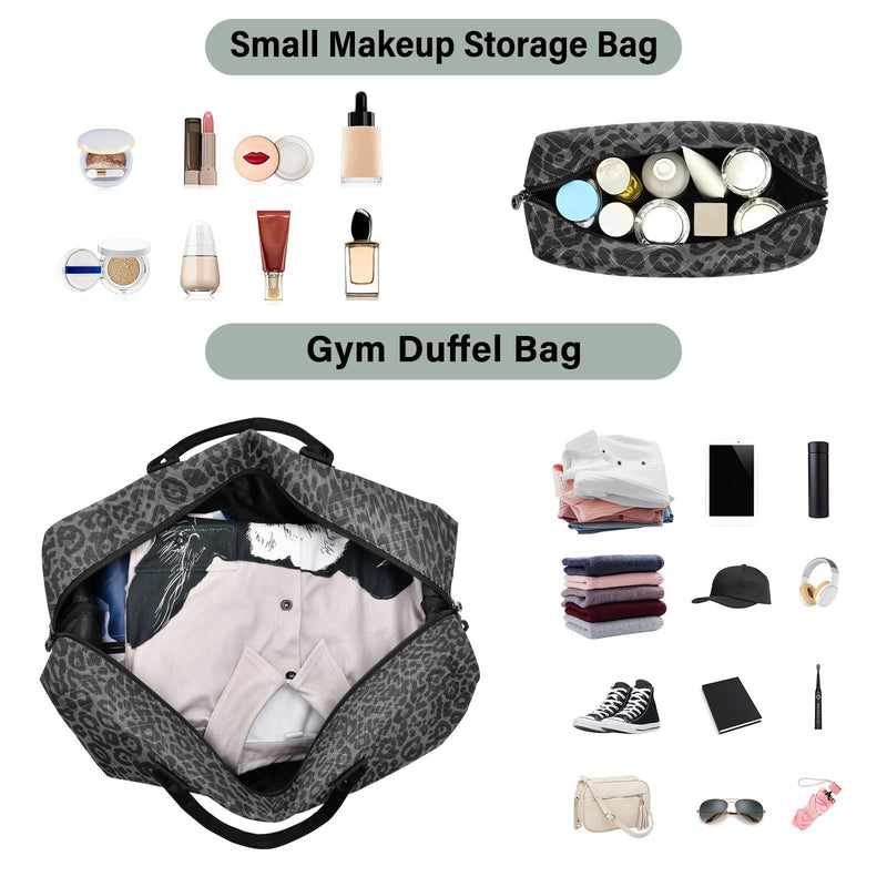 Large Travel Duffel Bag Sports Tote Gym Bag Overnight Weekender Bags Dark Gray Leopard Cheetah Print Carry On Luggage with Toiletry Bags