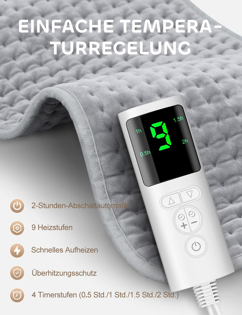 [Australia] - UOHHBOE heating pad 60 x 30 cm heat pad PTC rapid heating 9 temperature levels automatic switch-off overheating protection machine washable with suitable for neck, shoulders, thighs 