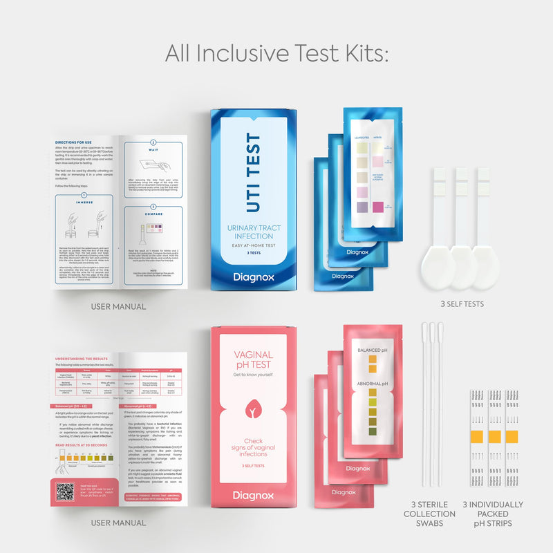 Diagnox UTI Test & Vaginal pH Test Bundle – Clinical Grade Accuracy – 3 UTI Test Strips & 3 Vaginal pH Test Strips for Women – UTI, BV, pH Balance and Yeast Infection Test Kit 1 Count (Pack of 6)