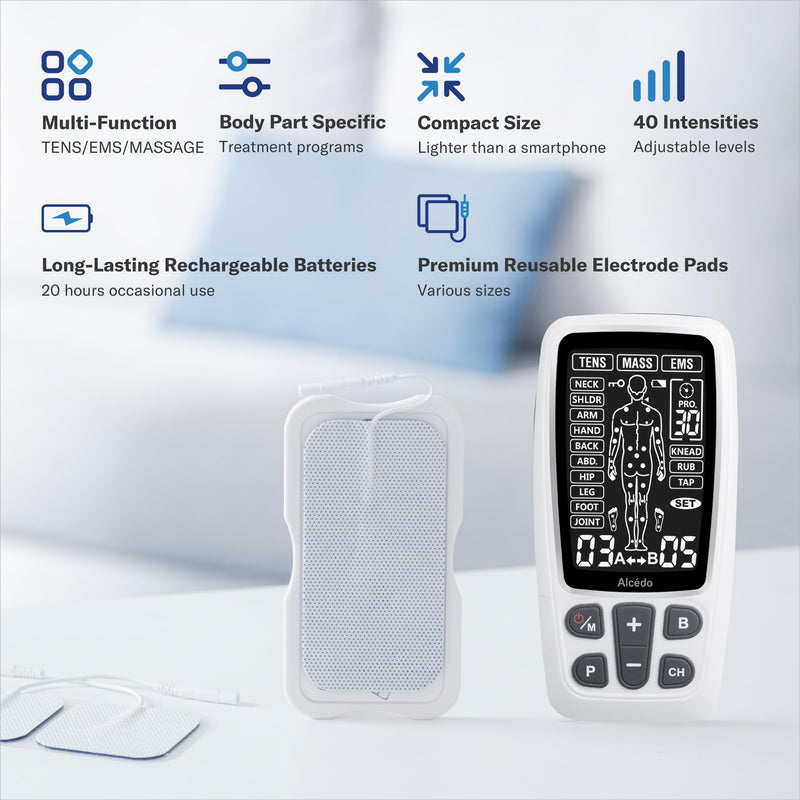 Alcedo Rechargable TENS+EMS Muscle Stimulator for Pain Relief | 3-in-1 Dual Channel, 40 Levels, 41 Programs, 8 Reusable Pads (3 Sizes), A/B Control, Back/Neck Pain