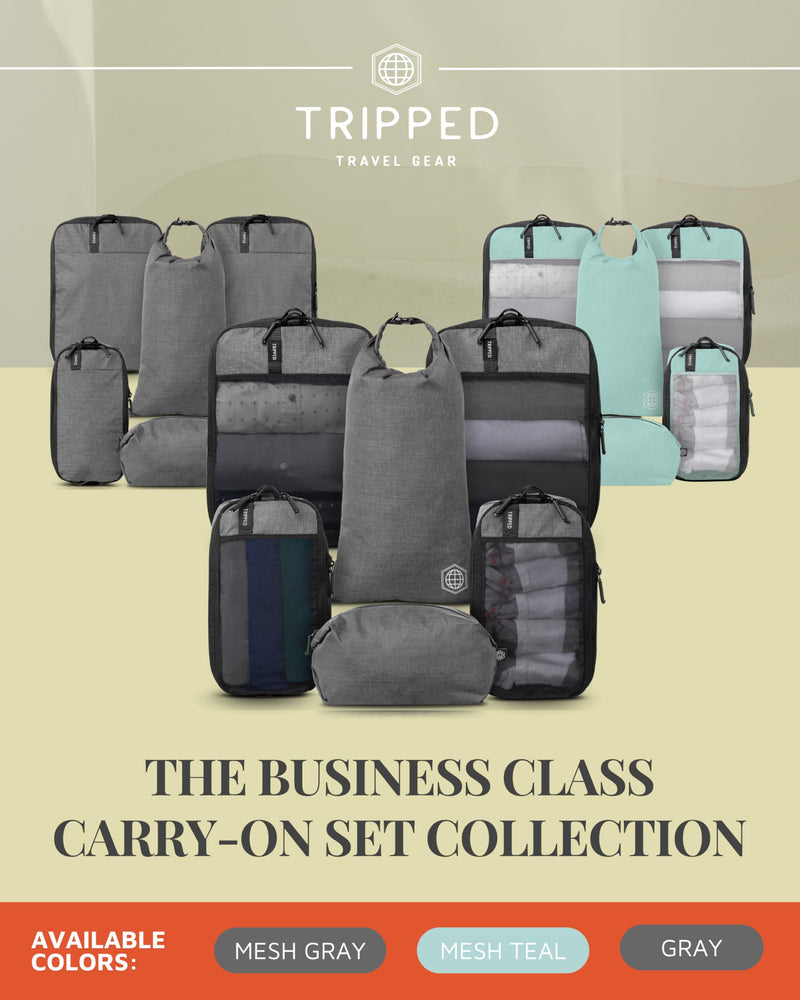 TRIPPED Travel Gear Space Saving Compression Packing Cubes 6-Piece Set | Premium Travel Organizers with Laundry and Shoe Bags for Suitcase and Carry-On Luggage, Reinforced Zippers and Mesh Panels Grey Mesh - 6 Piece