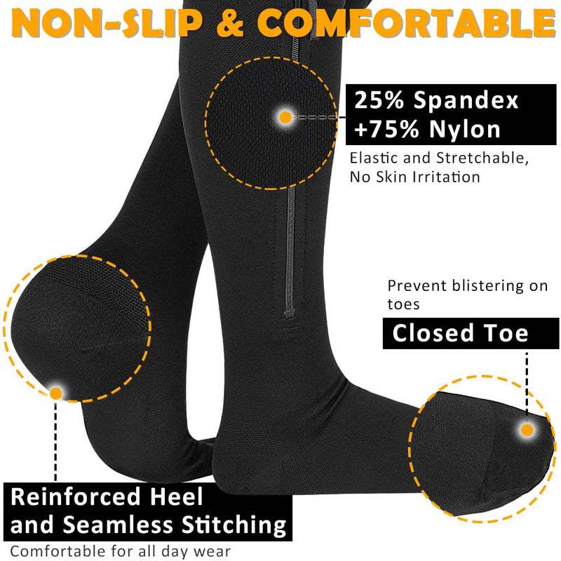 [Australia] - CASMON 15-20mmHg Zipper Compression Socks for Women and Men, Knee High Compression Stockings, Medical Closed Toe Support Socks for Varicose Veins, Post-Surgery, Swelling, Nurses, Pregnancy (1 Pair) X-Large Black 