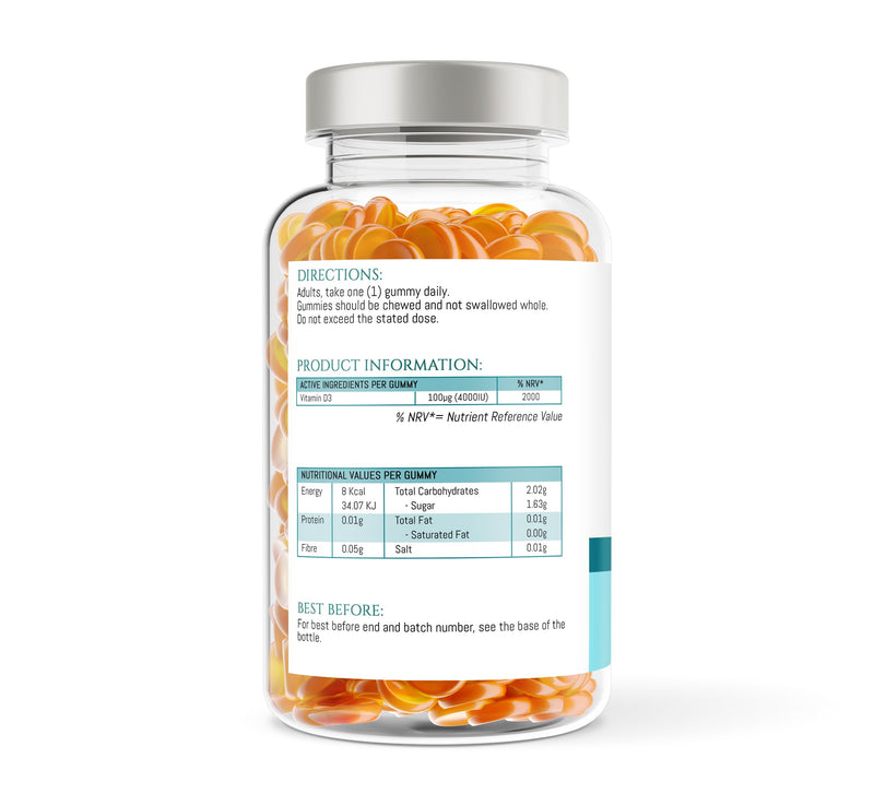 Vitamin D3 4000iu Gummies - High Strength 100μg Gummy - 60 Orange Flavoured Gummies - Vitamin D Supplement Teeth, Bone, Muscles & Immune System Support
