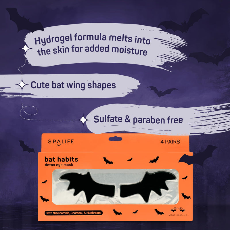 [Australia] - SpaLife Beauty Halloween Hydrogel Under Eye Patches | Eye Patches for Dark Circles | Halloween Gifts for Women | Cooling Undereye Patches for Puffy Eyes with Niacinamide, Charcoal & Tremella | 8 Pairs Hydrogel Undereye Masks | Bat Wings 