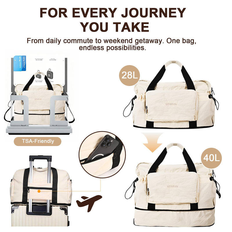 Foldable Travel Bag for Women, Expandable 28L-40L Lightweight Personal Item Carry On Bag, Packable Duffel Bag, Weekender Overnight Travel Tote, Collapsible Luggage Bag, Cream White