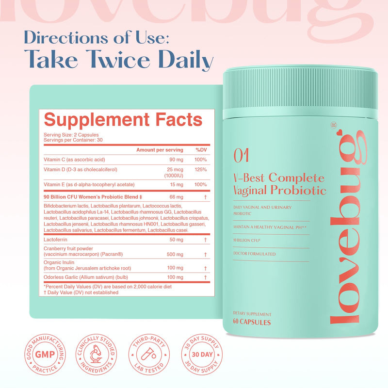 [Australia] - Lovebug V-Best Vaginal Probiotics - 90 Billion CFU Womens Probiotic for PH Balance, Urinary Tract Health, BV & Odor, Probiotics for Women with Lactobacillus Acidophilus, Rhamnosus GG, Reuteri - 60 Ct 