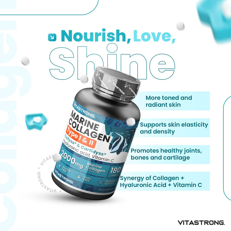Marine Collagen with Hyaluronic Acid & Vitamin C, 180 Tablets Hydrolysed Type 1 and Collagen Type 2 Collyss & Cartidyss, Alternative to Marine Collagen Powder & Hyaluronic Acid Powder