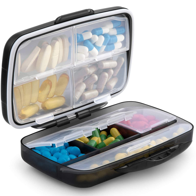 [Australia] - Travel Pill Organizer Large Portable Medication Fullicon Oversize 8 Compartment Pill Box, Vitamin Travel Case Pill Holder - Airtight & Moistureproof (Black) Black Large (8 Compartments) 