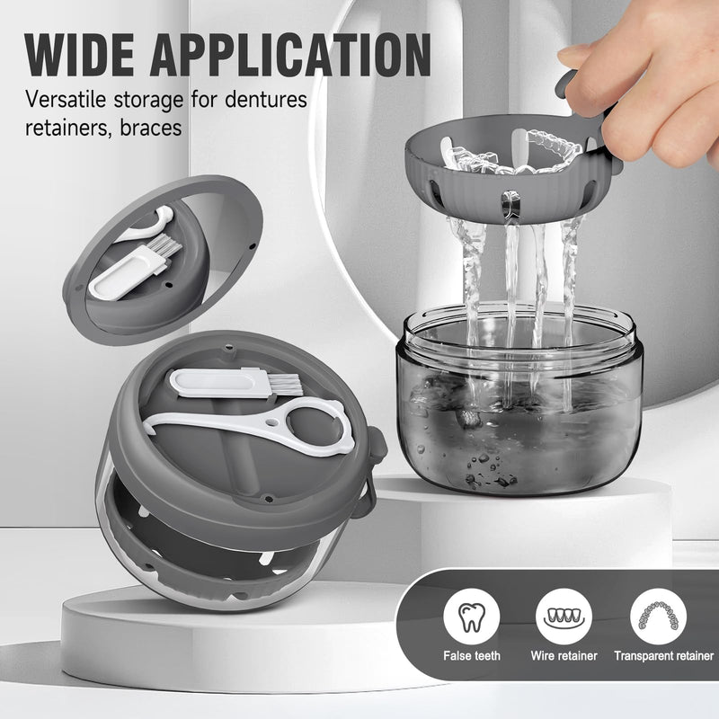 [Australia] - 2024 Upgraded Netceem Denture Cup, Leak Proof Denture Case, Retainer Cleaning Box, Complete Clean Care for Dentures,Night Guard & Retainers with Denture Brush,Strainer, Removal Tool and Mirror Black 
