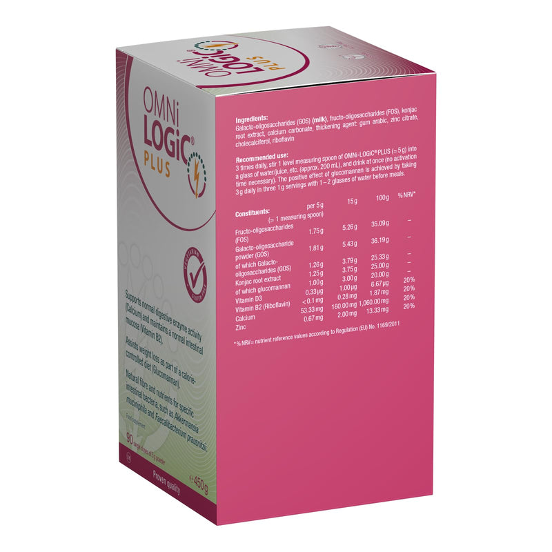 OMNi LOGiC Plus | Dietary Fibre | with Glucomannan, Vitamin B2, Vitamin D3 and Calcium | Vegetarian | Gluten-Free | Powder | 450 g
