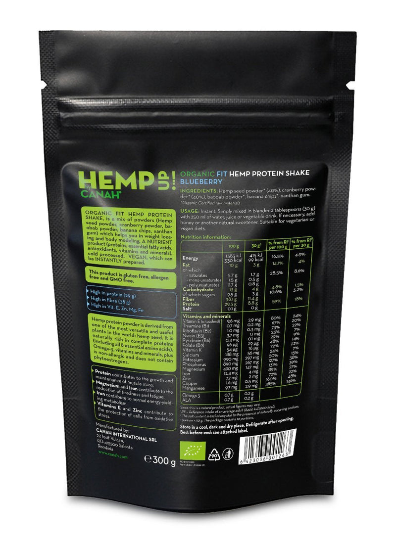 Canah® Hemp Up Blueberry Organic Shake - Fit Hemp Protein Shake for Healthy Lifestyle Meal Replacement Shake with Premium Ingredients for Optimum Nutrition Allergen Free High in Protein 300 Grams